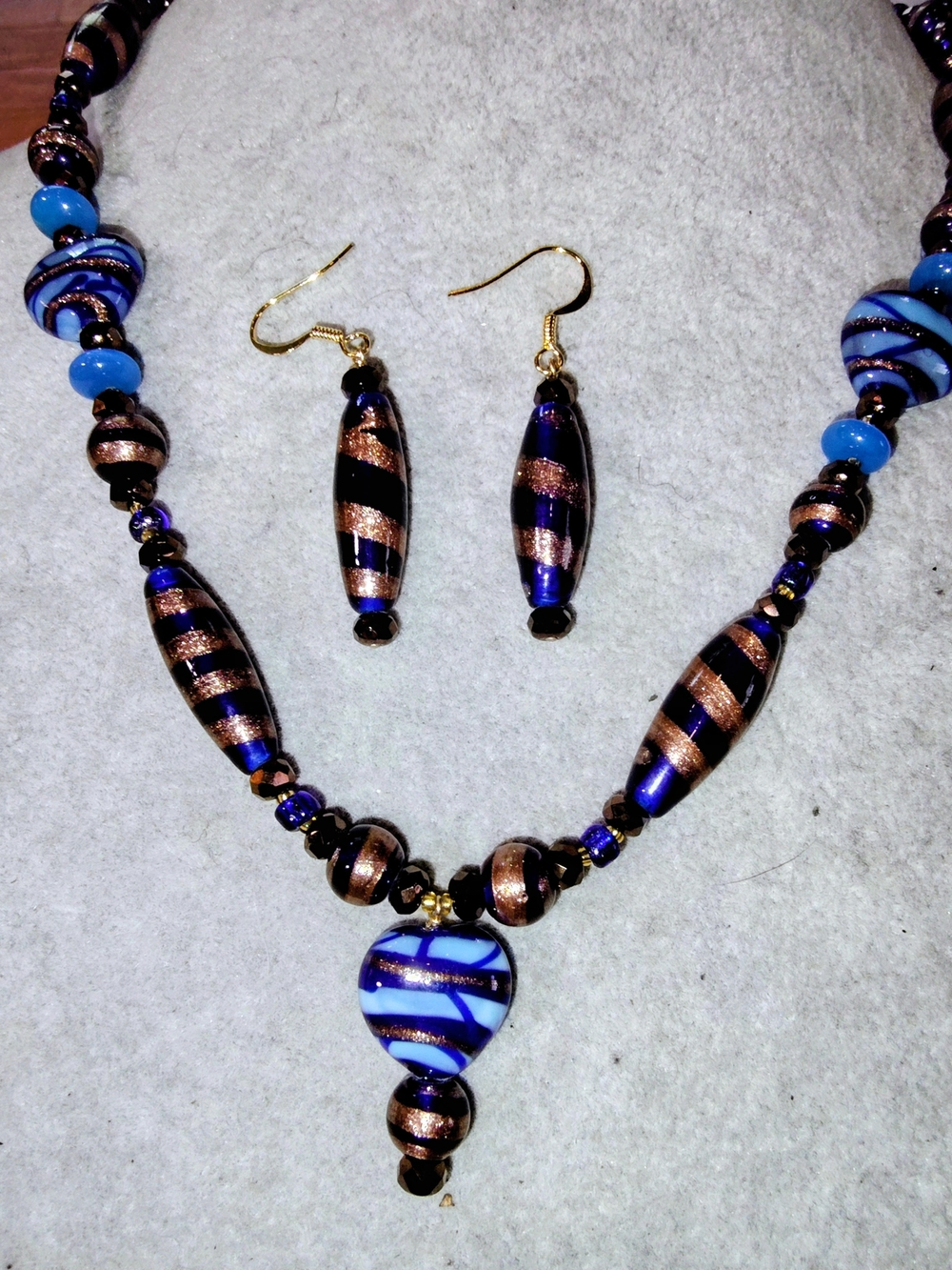 Handcrafted Blue and Bronze Murano Style Art Glass Necklace & Earring 20"